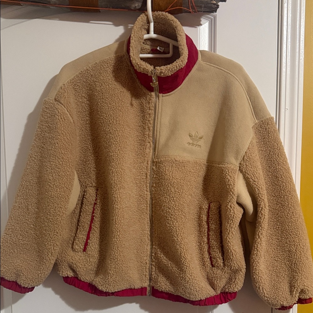 adidas Beige Sherpa Jacket with Burgundy Trim